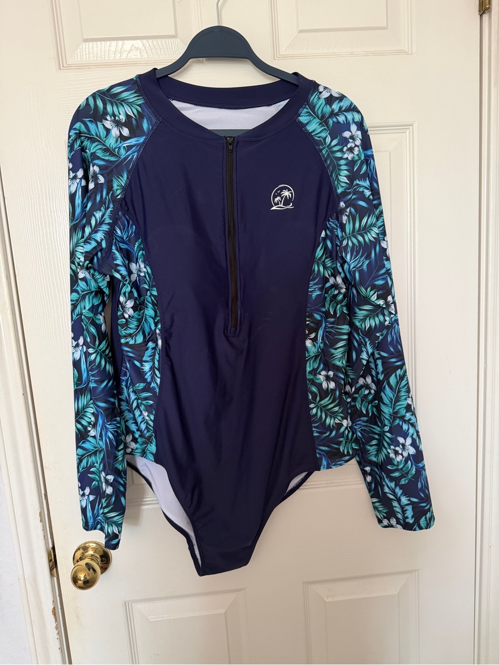 Long-Sleeve Navy & Teal Floral One-Piece Rash Guard Swimsuit, size 20W